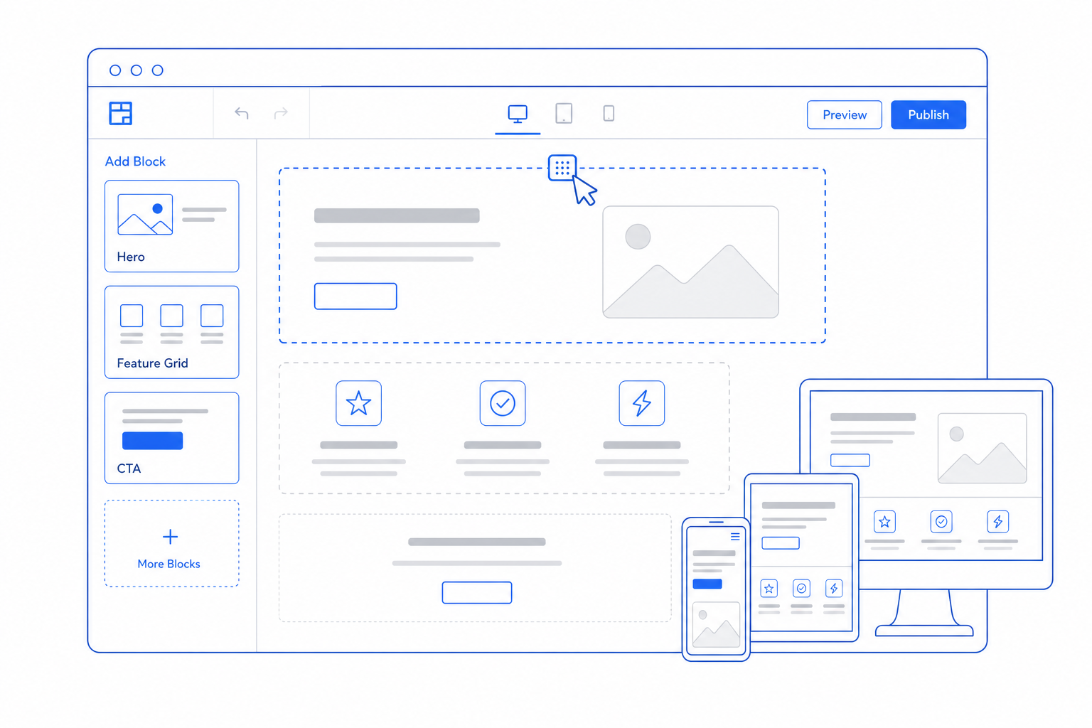 Website Builder illustration showing the core capabilities CloudIP provides for small business website builder.